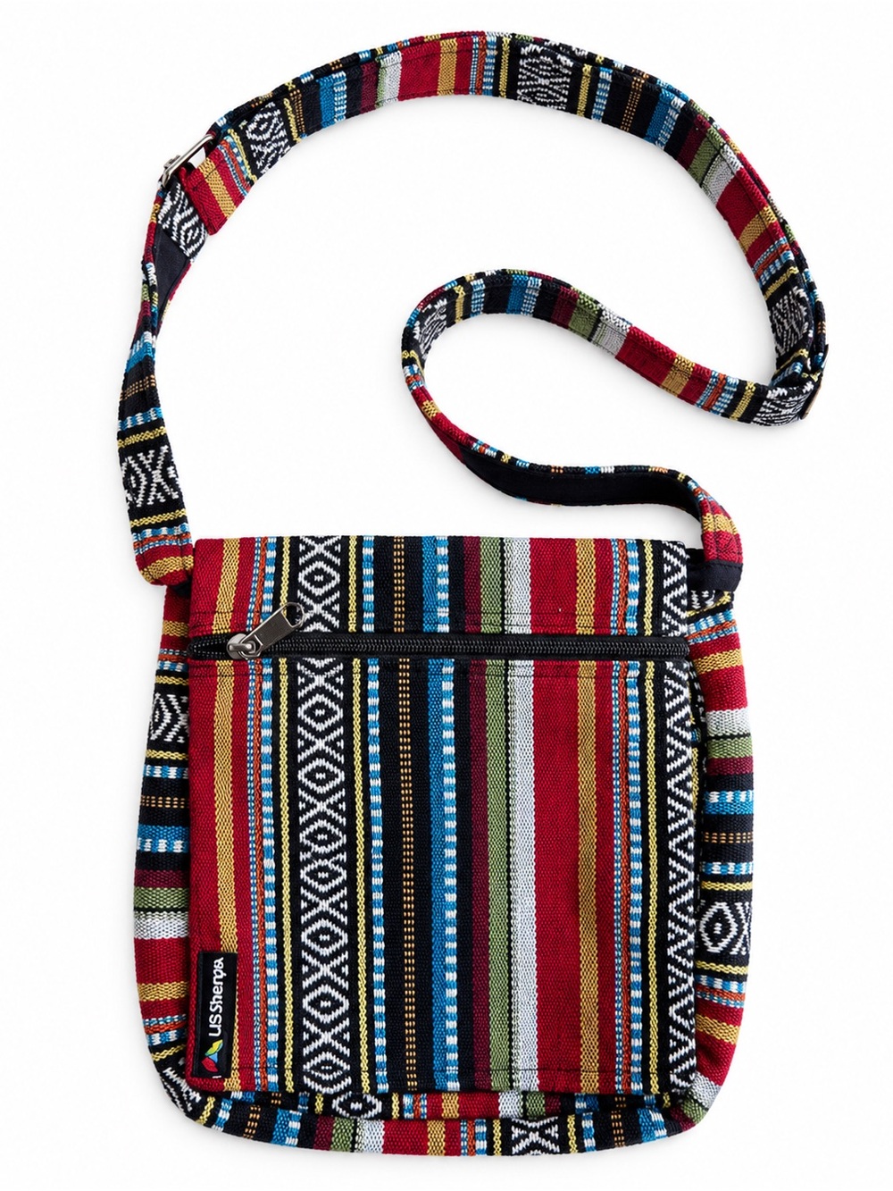US Sherpa Woven Crossbody Bag Red Black Multi Boho Tribal Adjustable Strap O/S